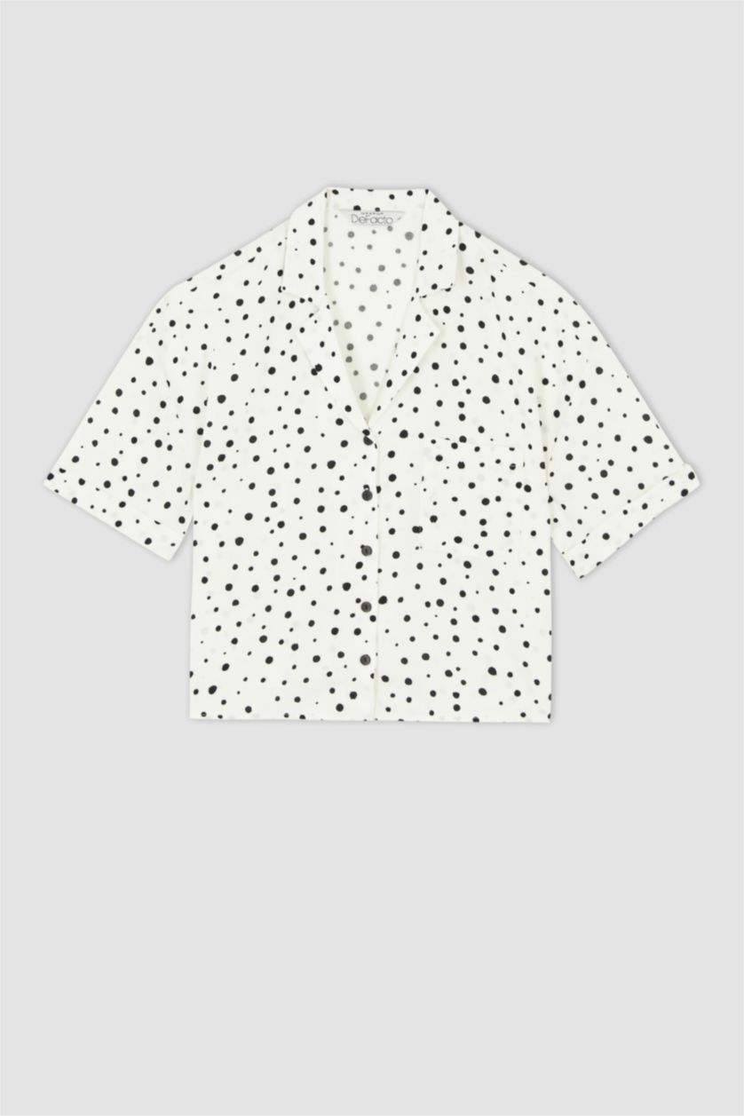 WOMAN White V Neck Short Sleeve Polka Dot Print Shirt