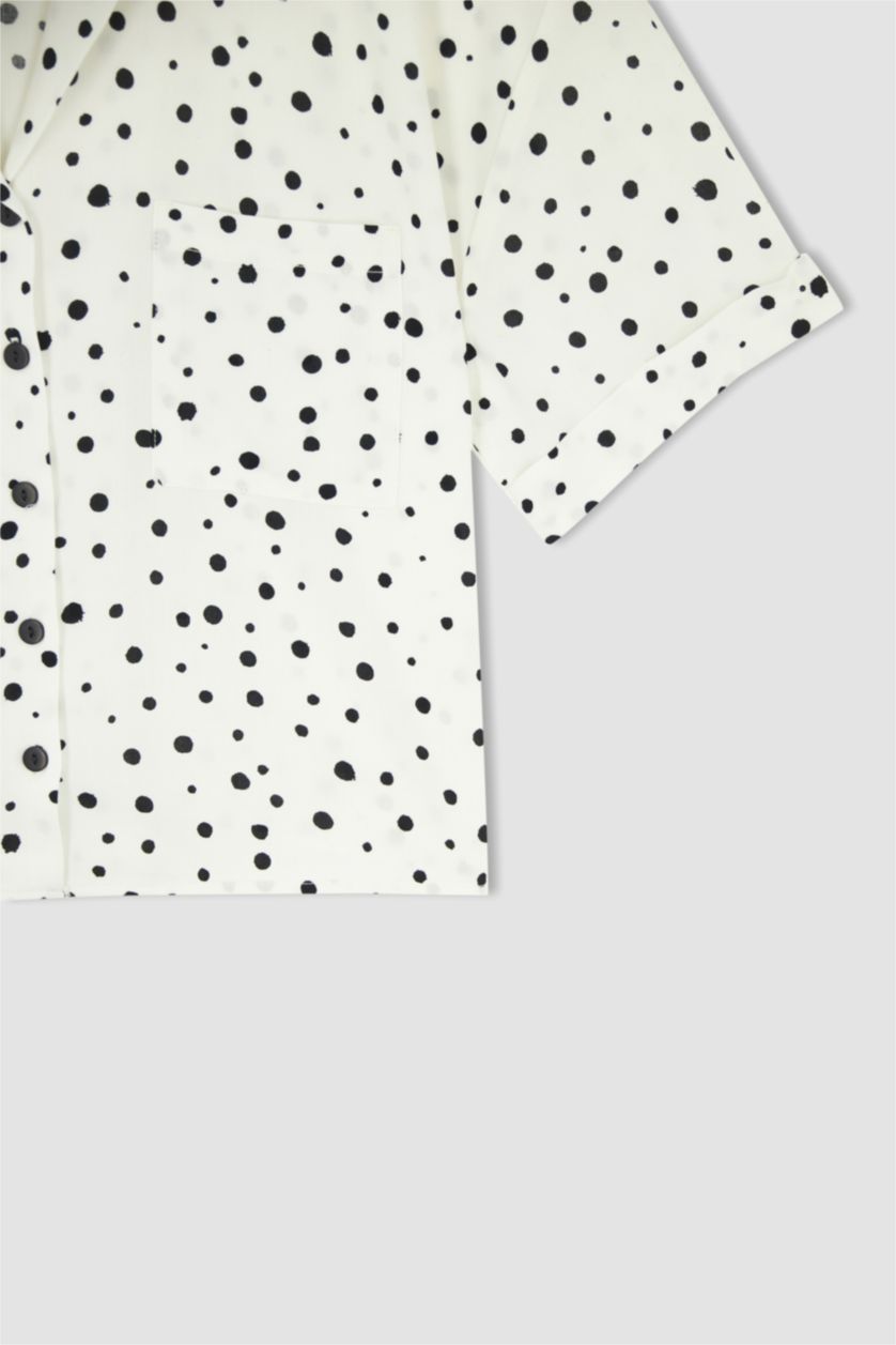 WOMAN White V Neck Short Sleeve Polka Dot Print Shirt