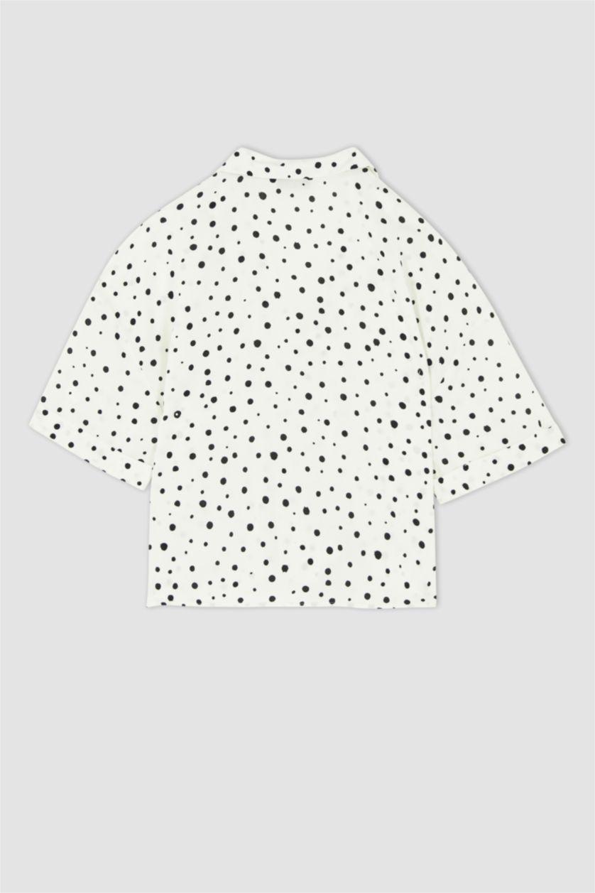 WOMAN White V Neck Short Sleeve Polka Dot Print Shirt