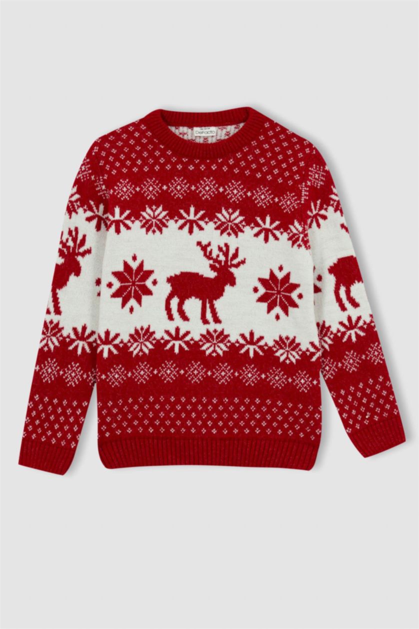 Erkek Çocuk - Genç Erkek Kırmızı Erkek Çocuk Yılbaşı Temalı Bisiklet Yaka Kazak