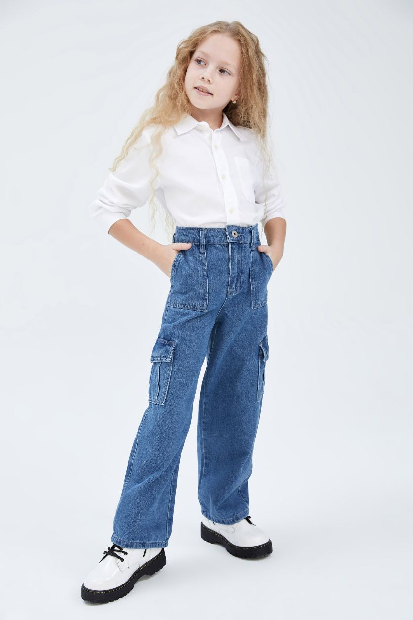 GIRLS & TEENS Light Blue Girl Cargo Pocket Wide Leg Jeans