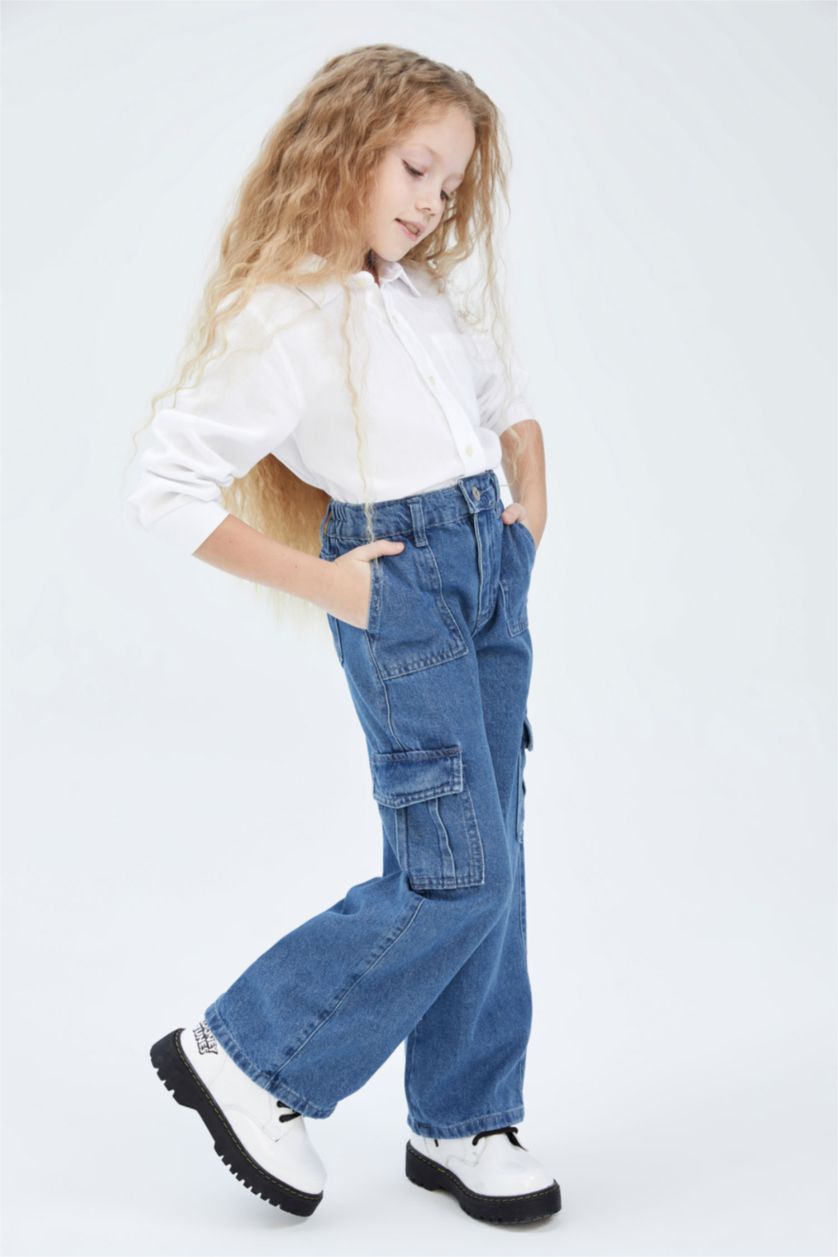 GIRLS & TEENS Light Blue Girl Cargo Pocket Wide Leg Jeans