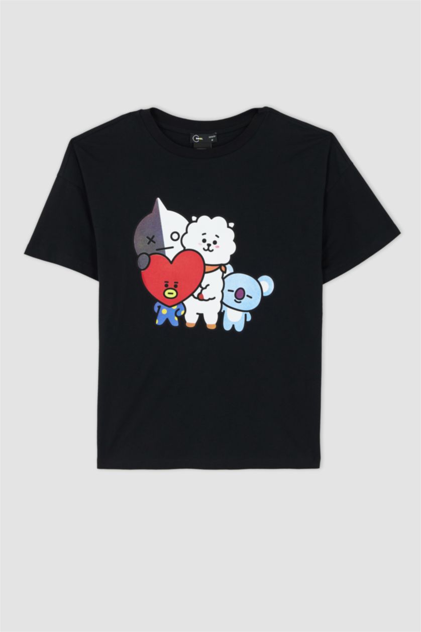 Kadın Siyah Coool BT21 Regular Fit Bisiklet Yaka Kısa Kollu %100 Pamuk Tişört