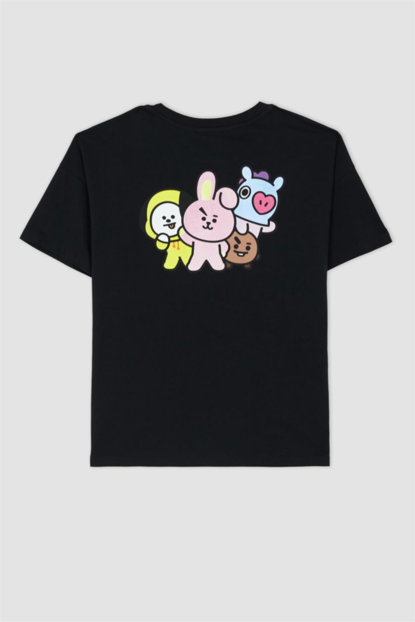 Kadın Siyah Coool BT21 Regular Fit Bisiklet Yaka Kısa Kollu %100 Pamuk Tişört