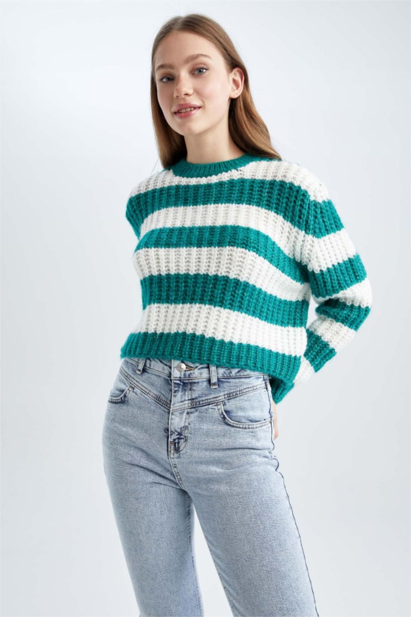 WOMAN Green Oversize Fit Crew Neck Pullover