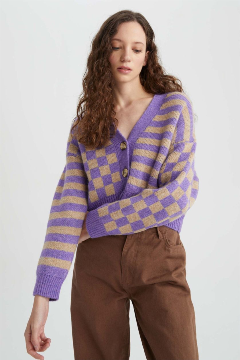 نساء أرجواني فاتح سويتر اوفر سايز  بياقة V