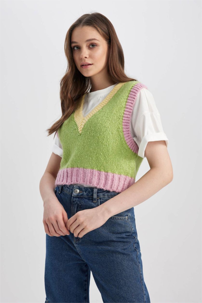 WOMAN Light Green Regular Fit V-Neck