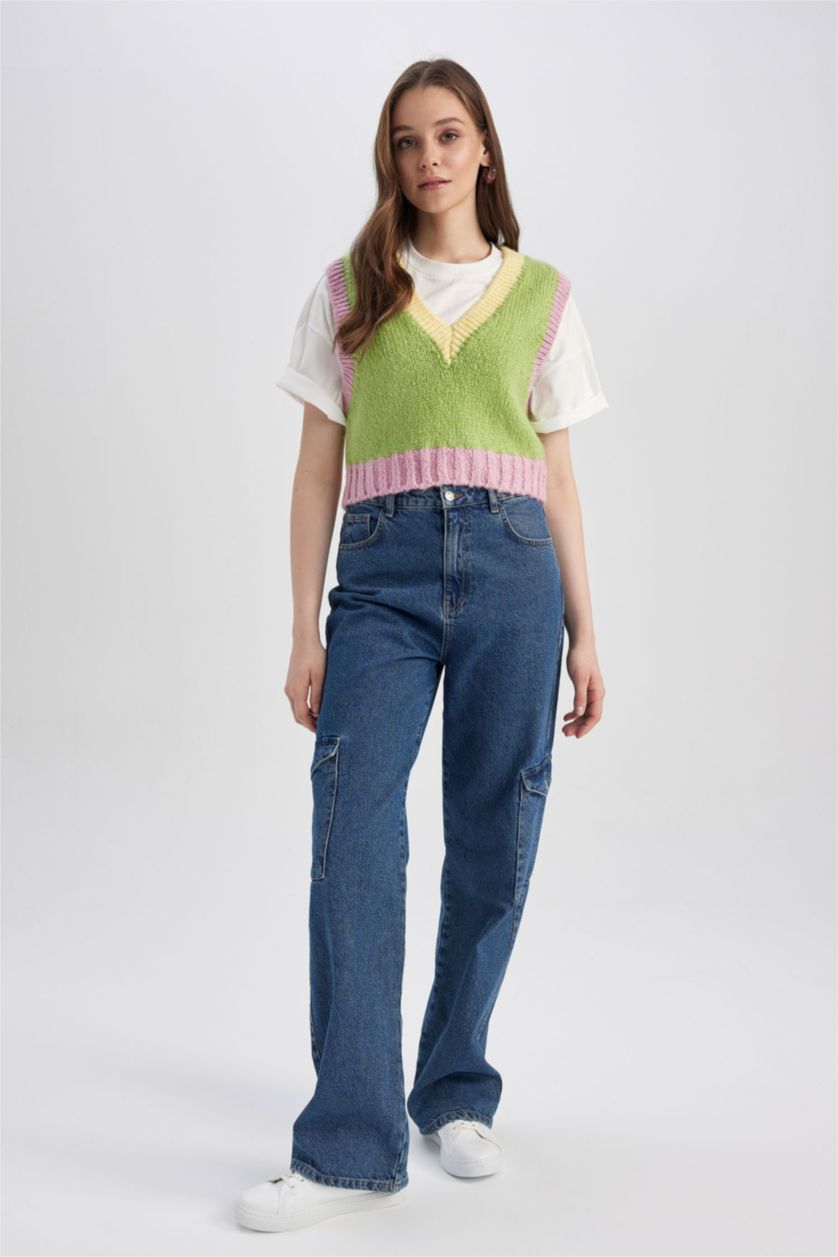 WOMAN Light Green Regular Fit V-Neck