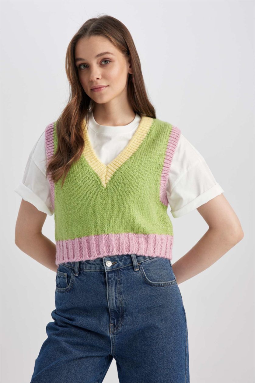 WOMAN Light Green Regular Fit V-Neck