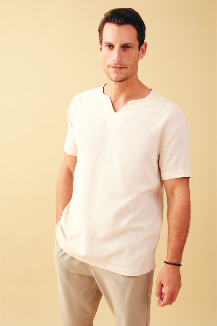MAN Beige Regular Fit V-Neck Cotton Short Sleeve Shirt