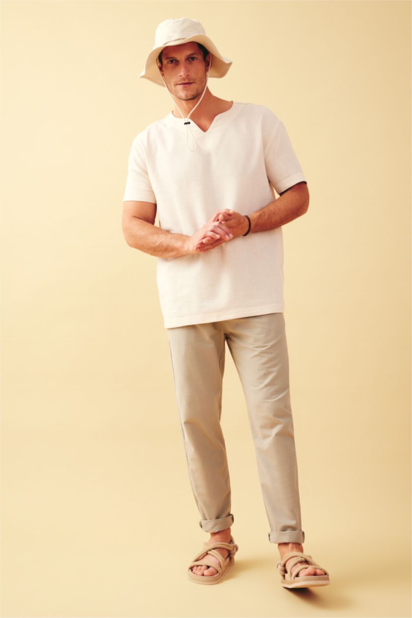 MAN Beige Regular Fit V-Neck Cotton Short Sleeve Shirt