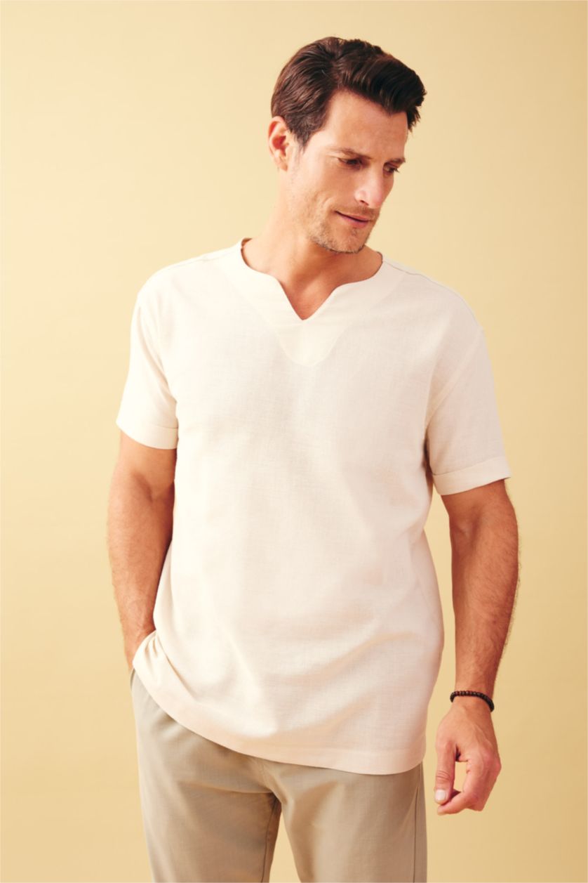 MAN Beige Regular Fit V-Neck Cotton Short Sleeve Shirt