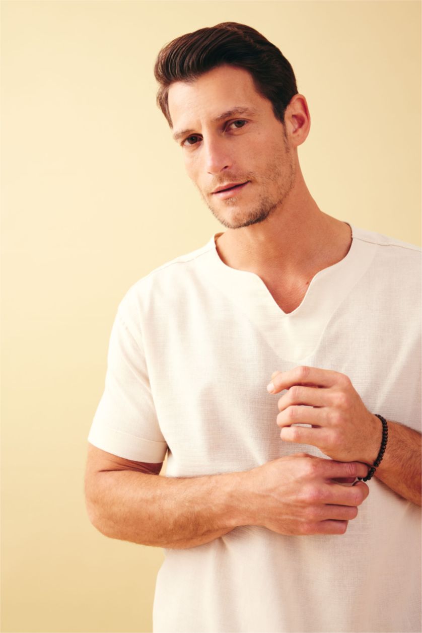 MAN Beige Regular Fit V-Neck Cotton Short Sleeve Shirt