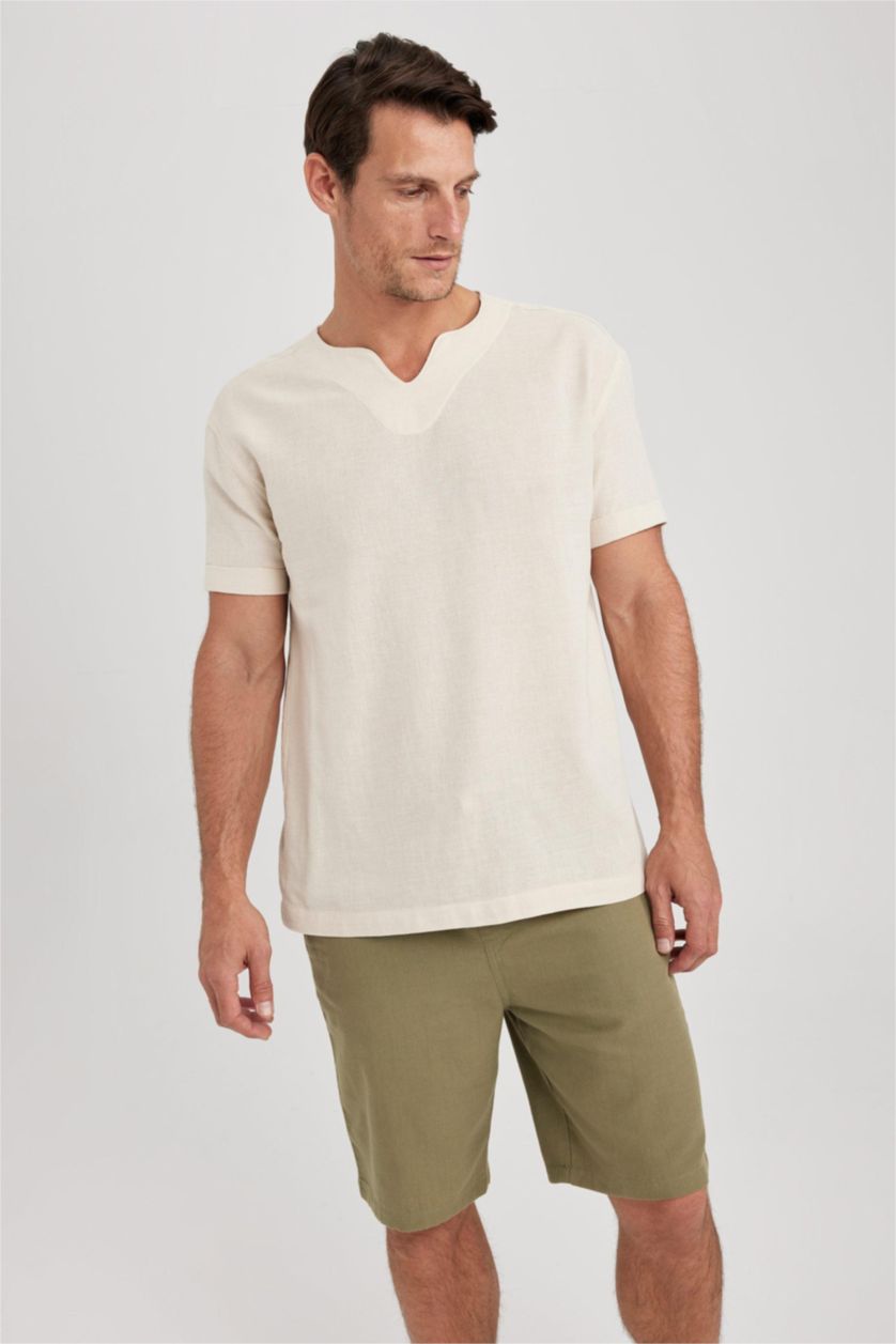 MAN Beige Regular Fit V-Neck Cotton Short Sleeve Shirt