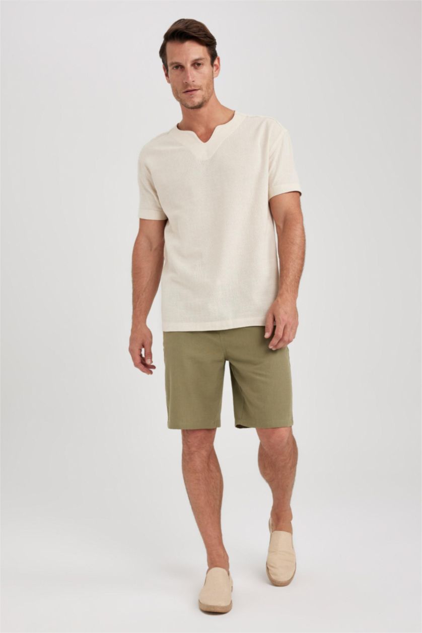 MAN Beige Regular Fit V-Neck Cotton Short Sleeve Shirt