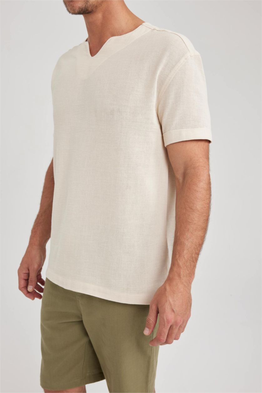 MAN Beige Regular Fit V-Neck Cotton Short Sleeve Shirt