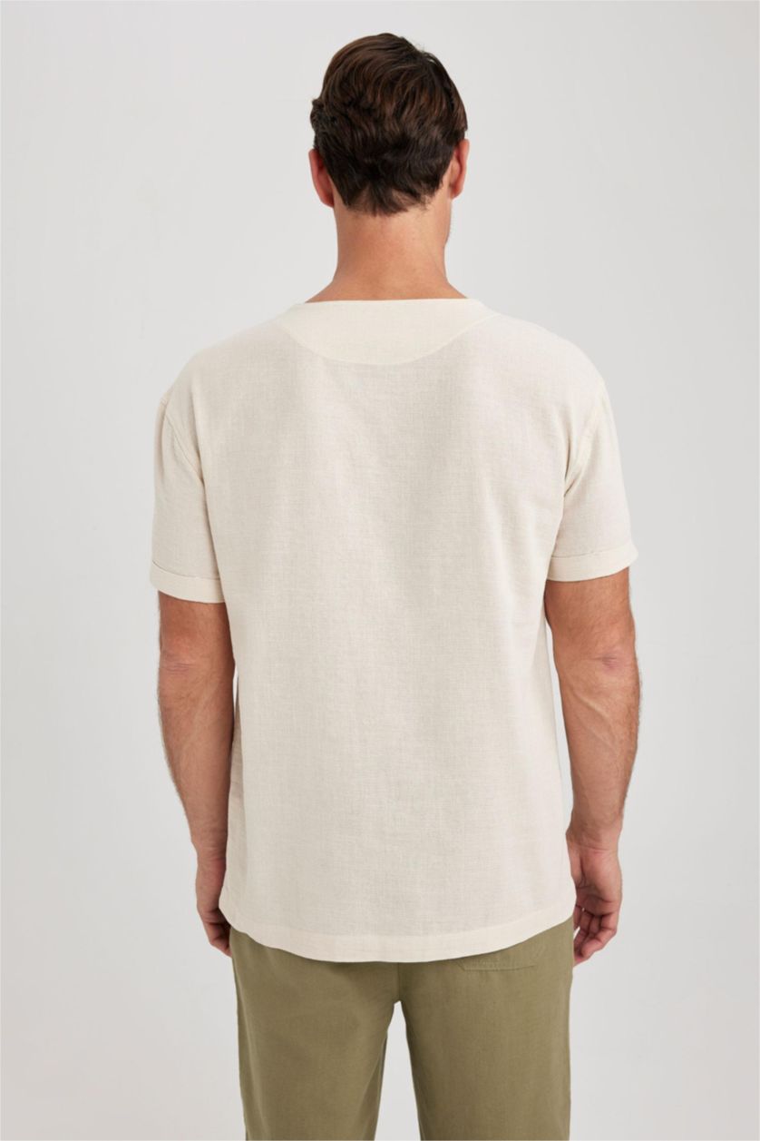 MAN Beige Regular Fit V-Neck Cotton Short Sleeve Shirt