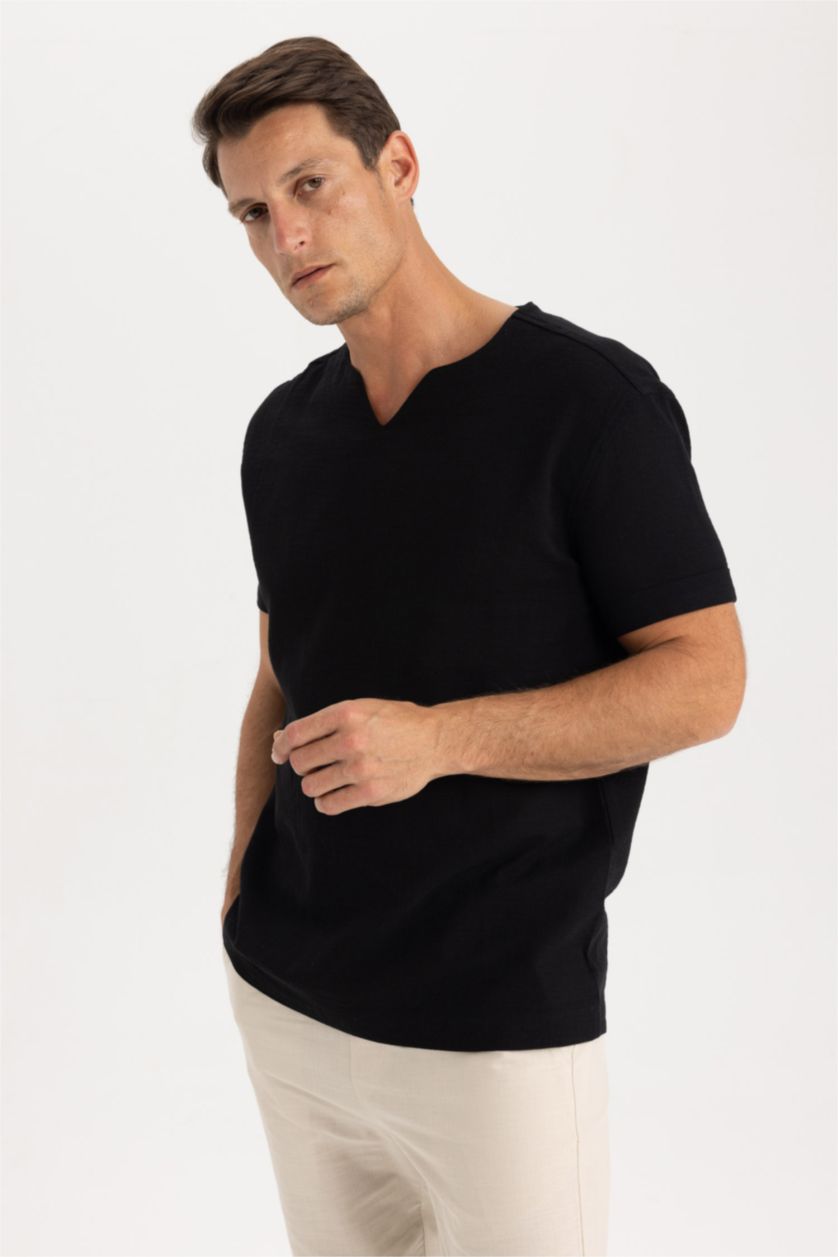 MAN Black Regular Fit V-Neck Cotton Short Sleeve Shirt