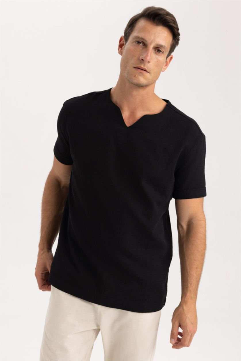 MAN Black Regular Fit V-Neck Cotton Short Sleeve Shirt