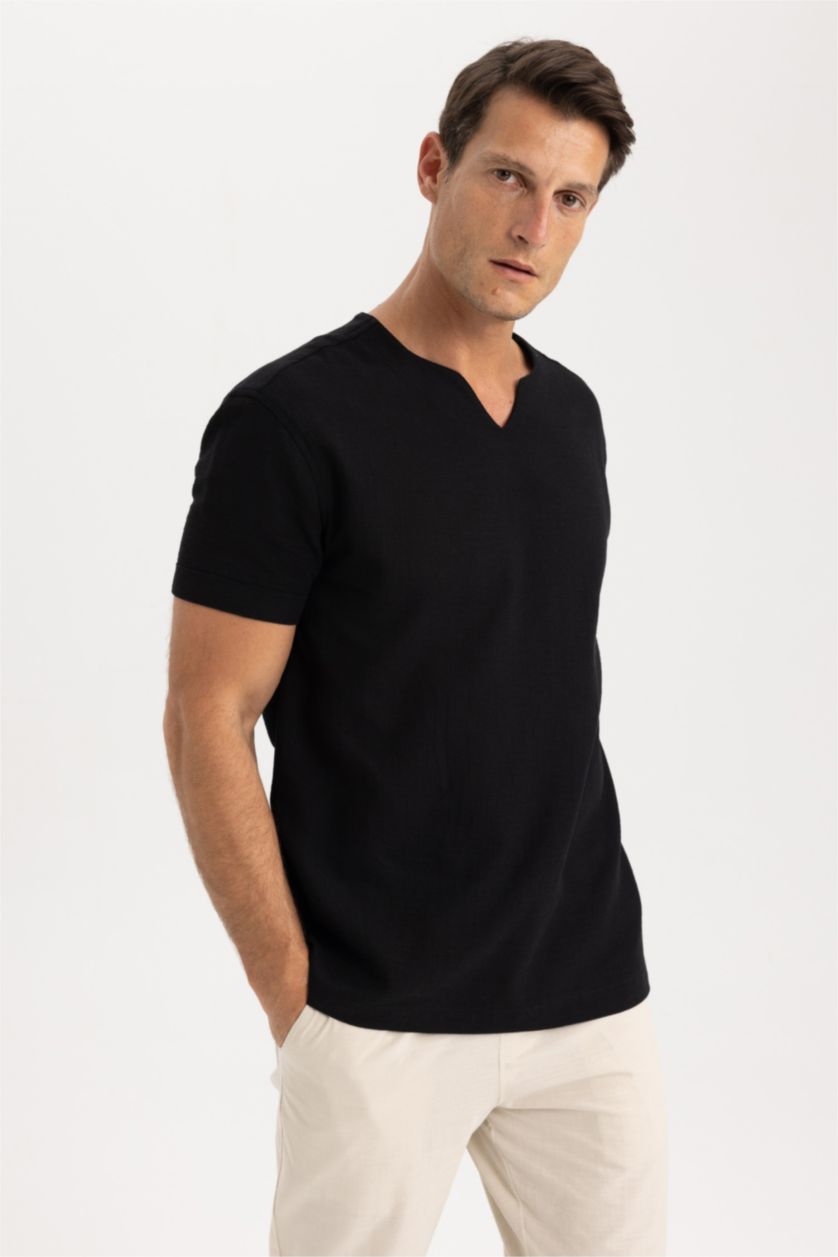 MAN Black Regular Fit V-Neck Cotton Short Sleeve Shirt