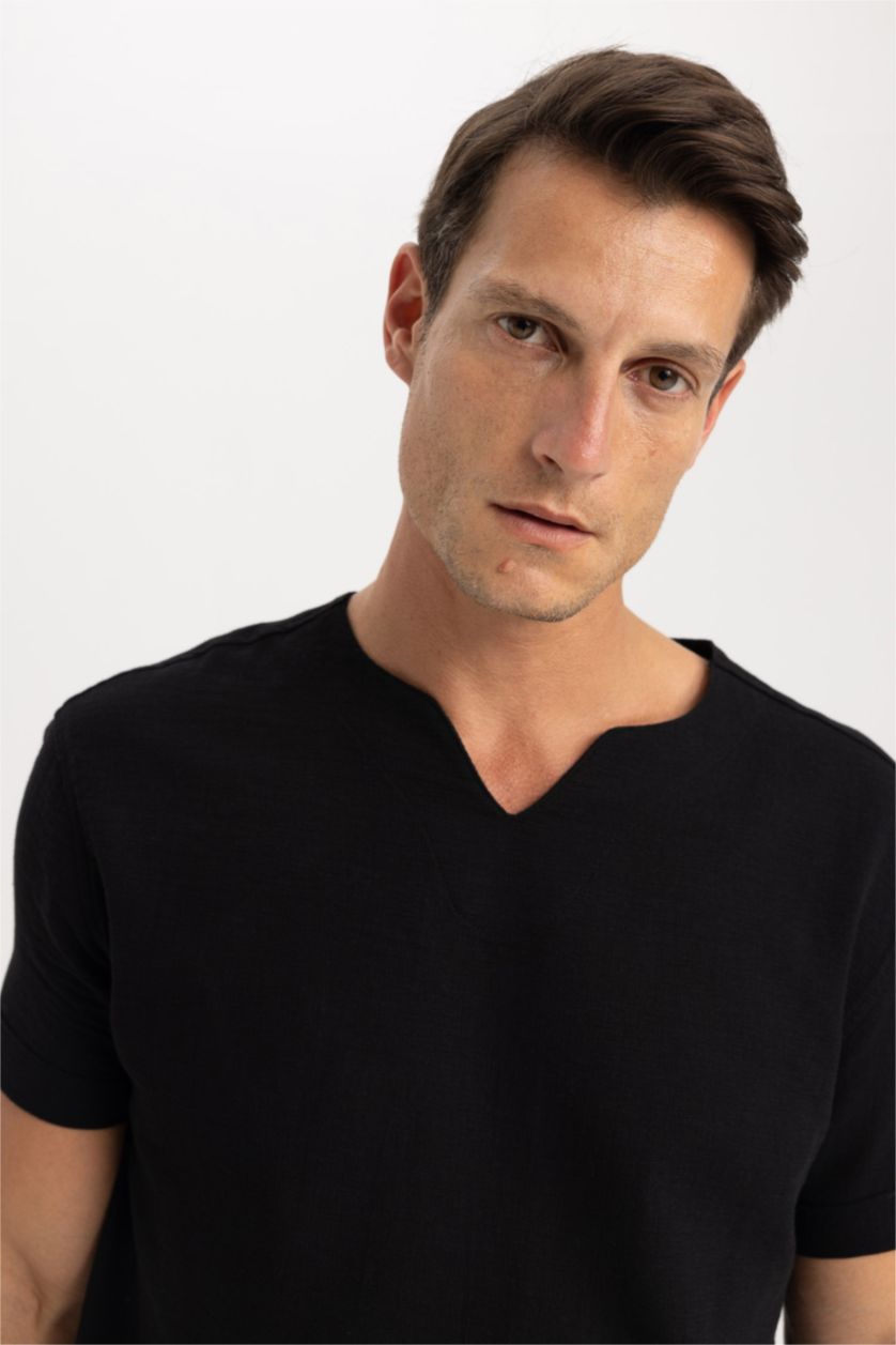 MAN Black Regular Fit V-Neck Cotton Short Sleeve Shirt