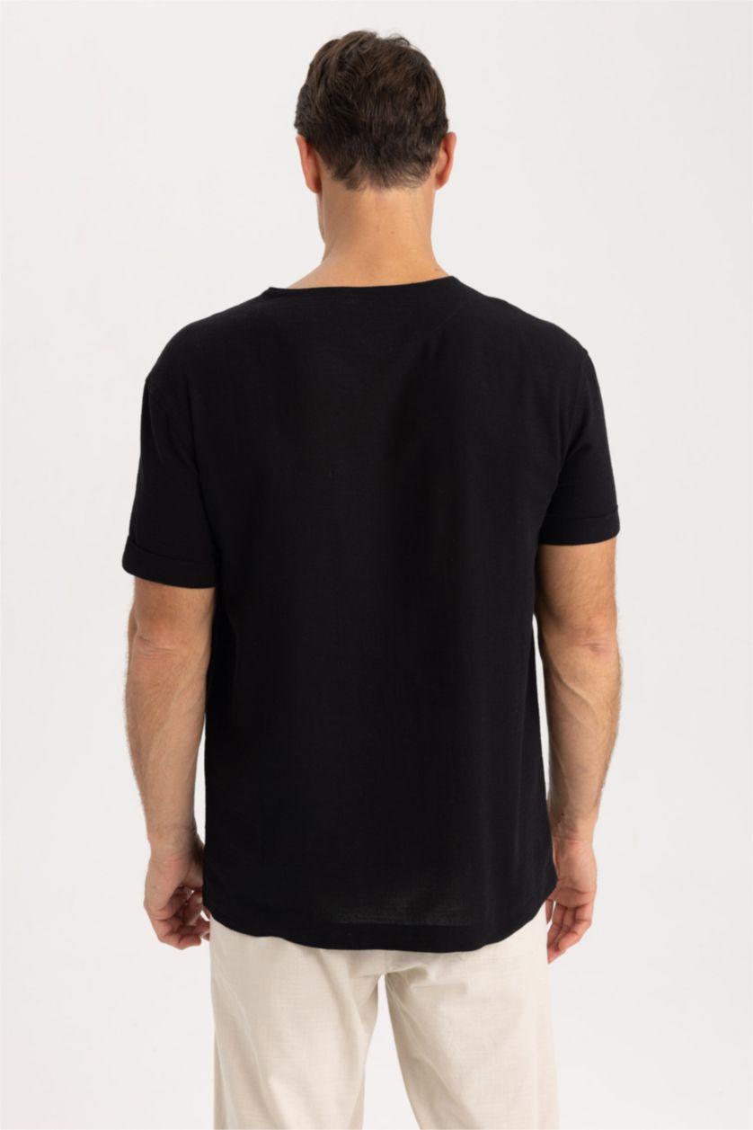 MAN Black Regular Fit V-Neck Cotton Short Sleeve Shirt