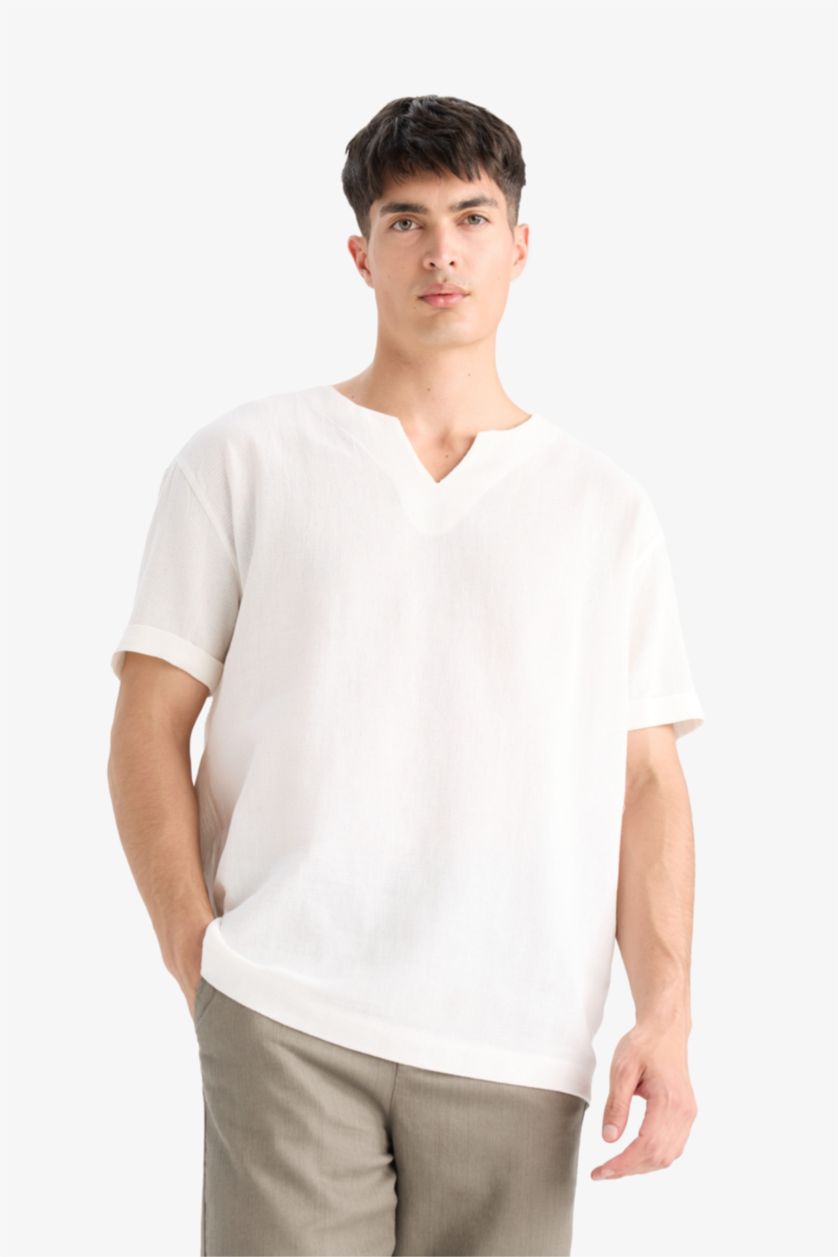 Man Ecru Regular Fit V-Neck Cotton Short Sleeve Shirt
