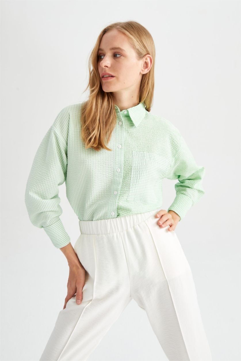 FEMME Vert Clair Chemises à manches longues Col De Chemise Avec Poche