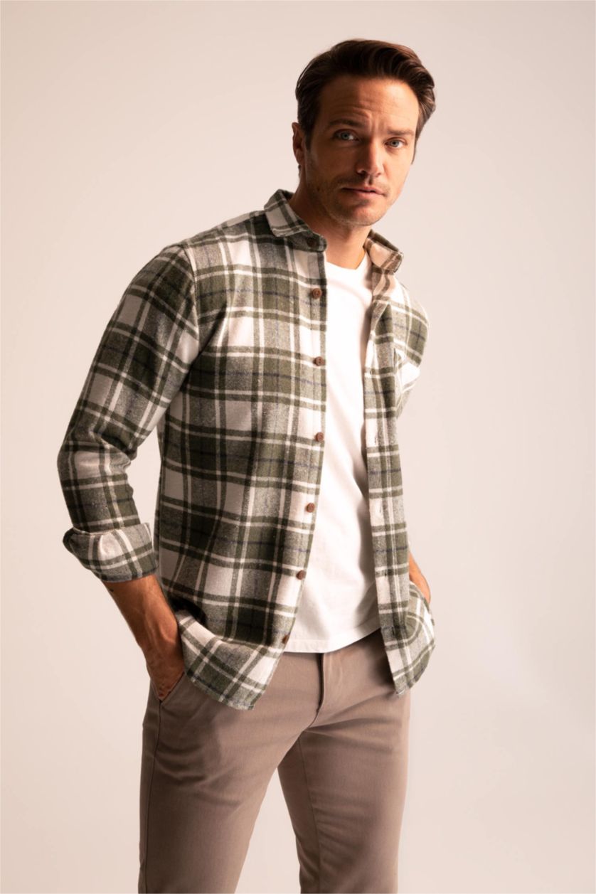 Мужчины Оливковый Рубашка с длинным рукавом стандартного кроя в клетку для мужчин