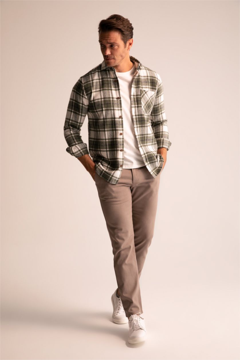 Мужчины Оливковый Рубашка с длинным рукавом стандартного кроя в клетку для мужчин