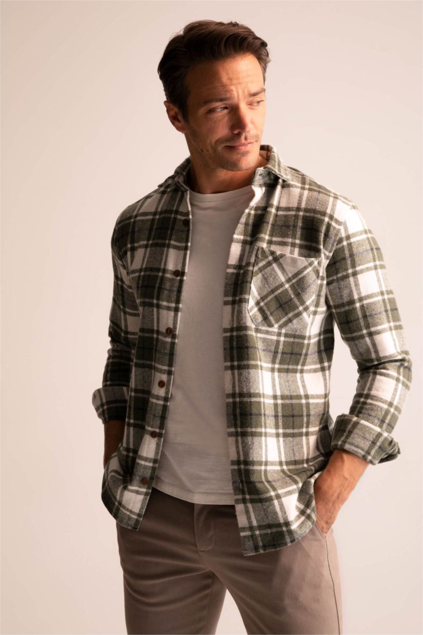 Мужчины Оливковый Рубашка с длинным рукавом стандартного кроя в клетку для мужчин