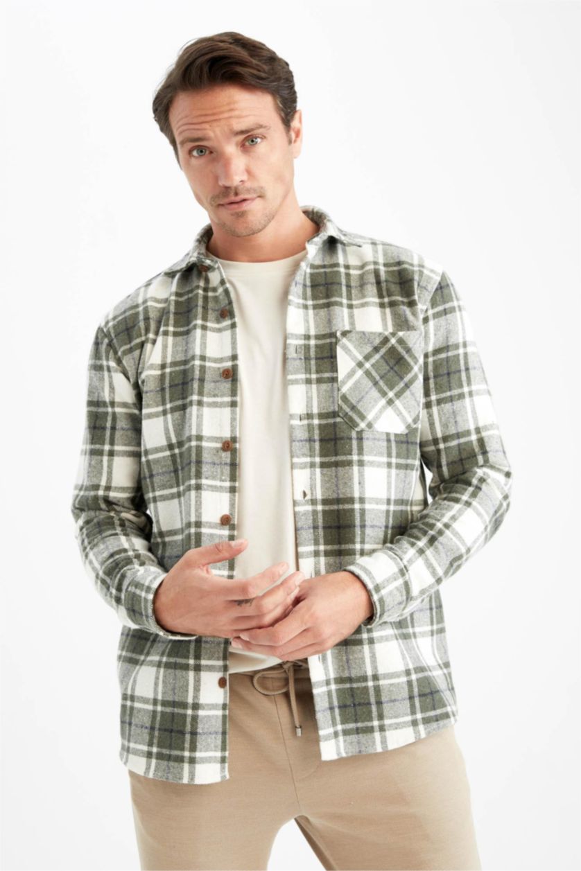 Мужчины Оливковый Рубашка с длинным рукавом стандартного кроя в клетку для мужчин