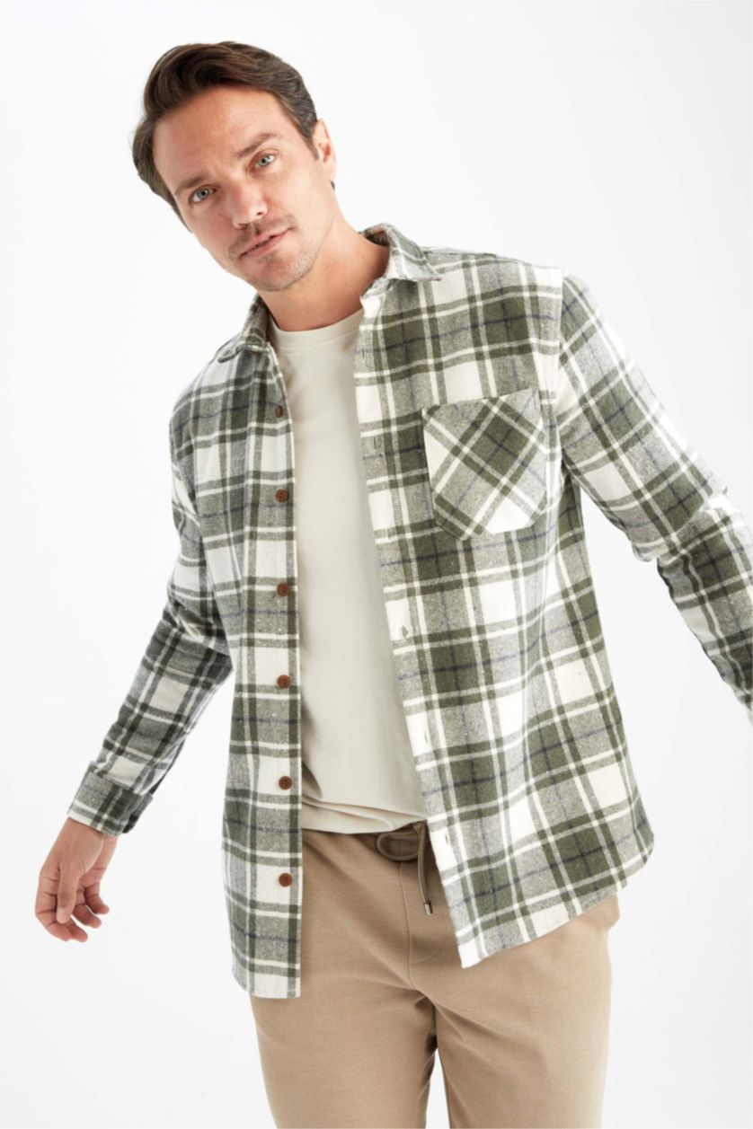 Мужчины Оливковый Рубашка с длинным рукавом стандартного кроя в клетку для мужчин