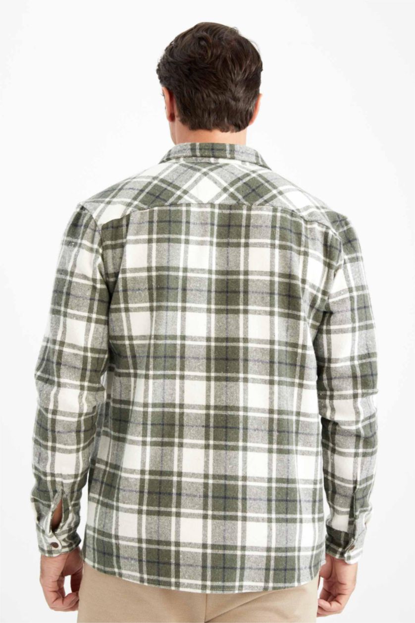 Мужчины Оливковый Рубашка с длинным рукавом стандартного кроя в клетку для мужчин