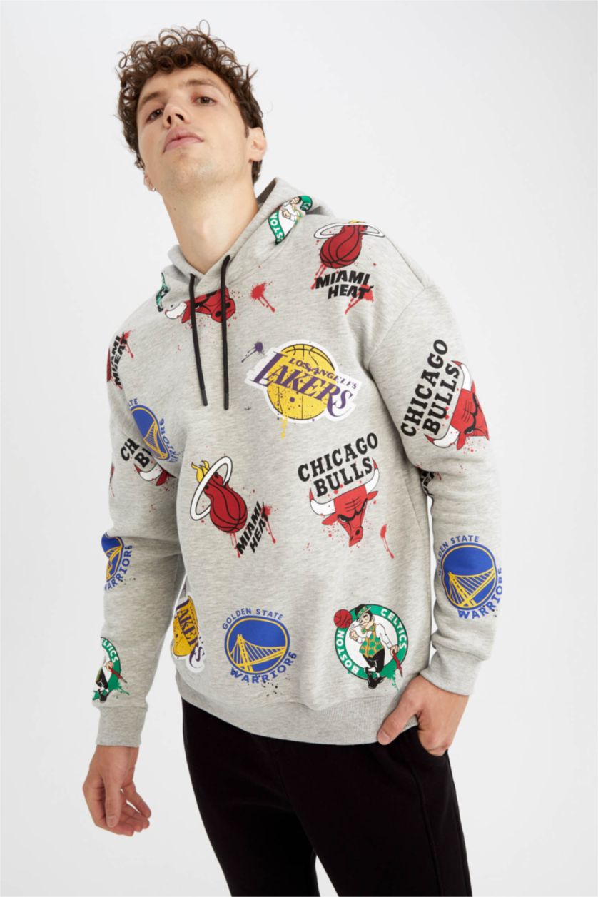 رجال ميلانج رمادي سويت شيرت قصة مريحة بغطاء للرأس NBA من