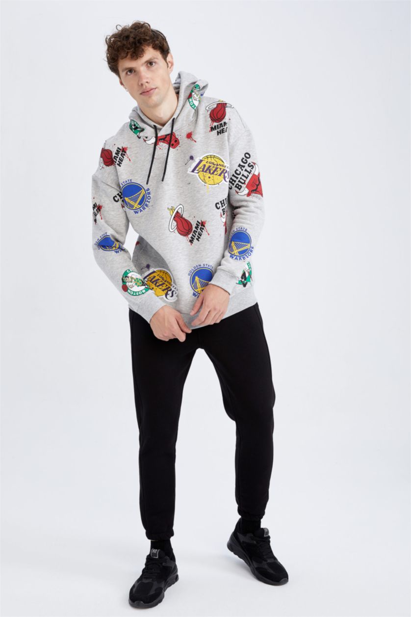 رجال ميلانج رمادي سويت شيرت قصة مريحة بغطاء للرأس NBA من