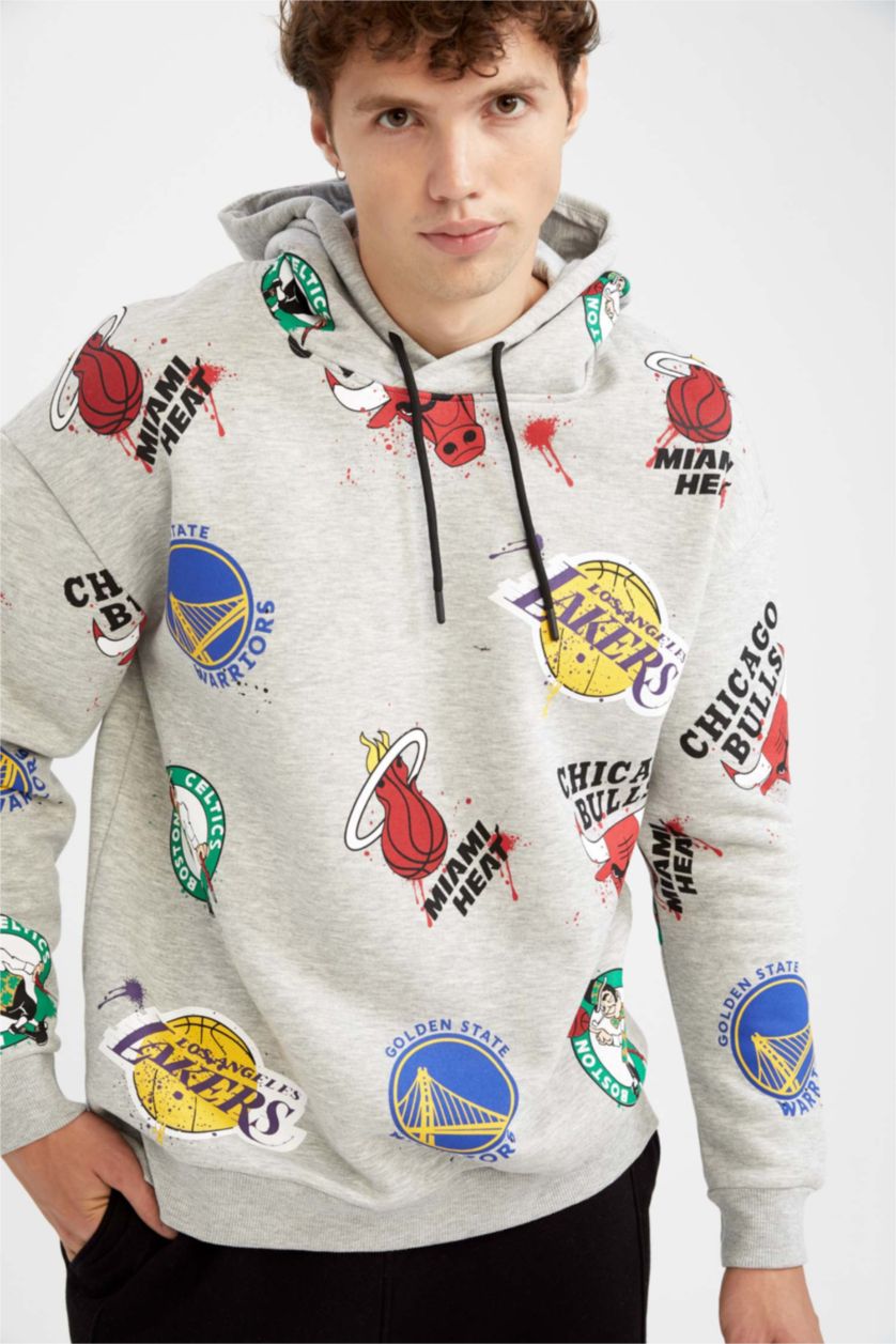 رجال ميلانج رمادي سويت شيرت قصة مريحة بغطاء للرأس NBA من