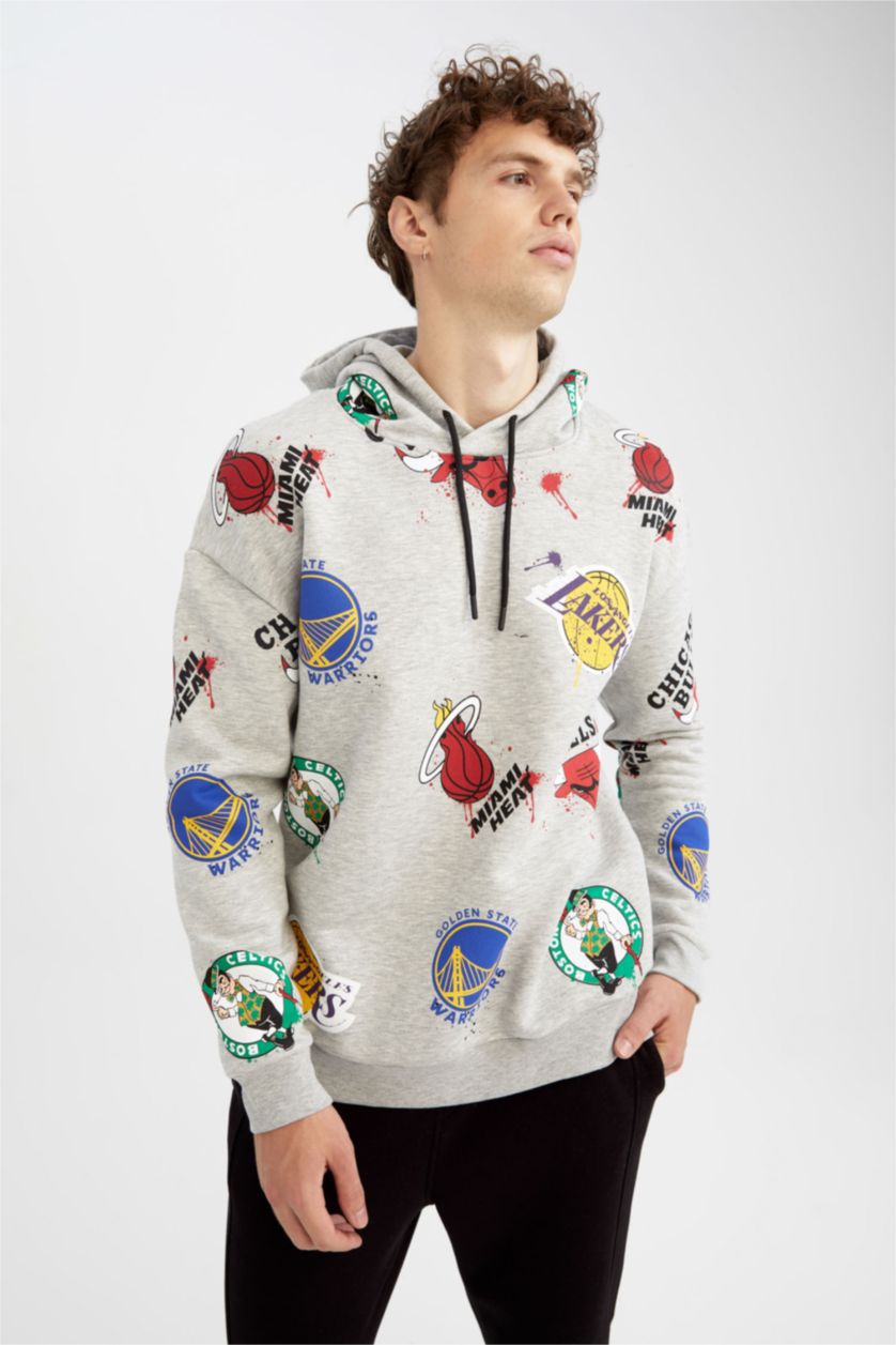 رجال ميلانج رمادي سويت شيرت قصة مريحة بغطاء للرأس NBA من