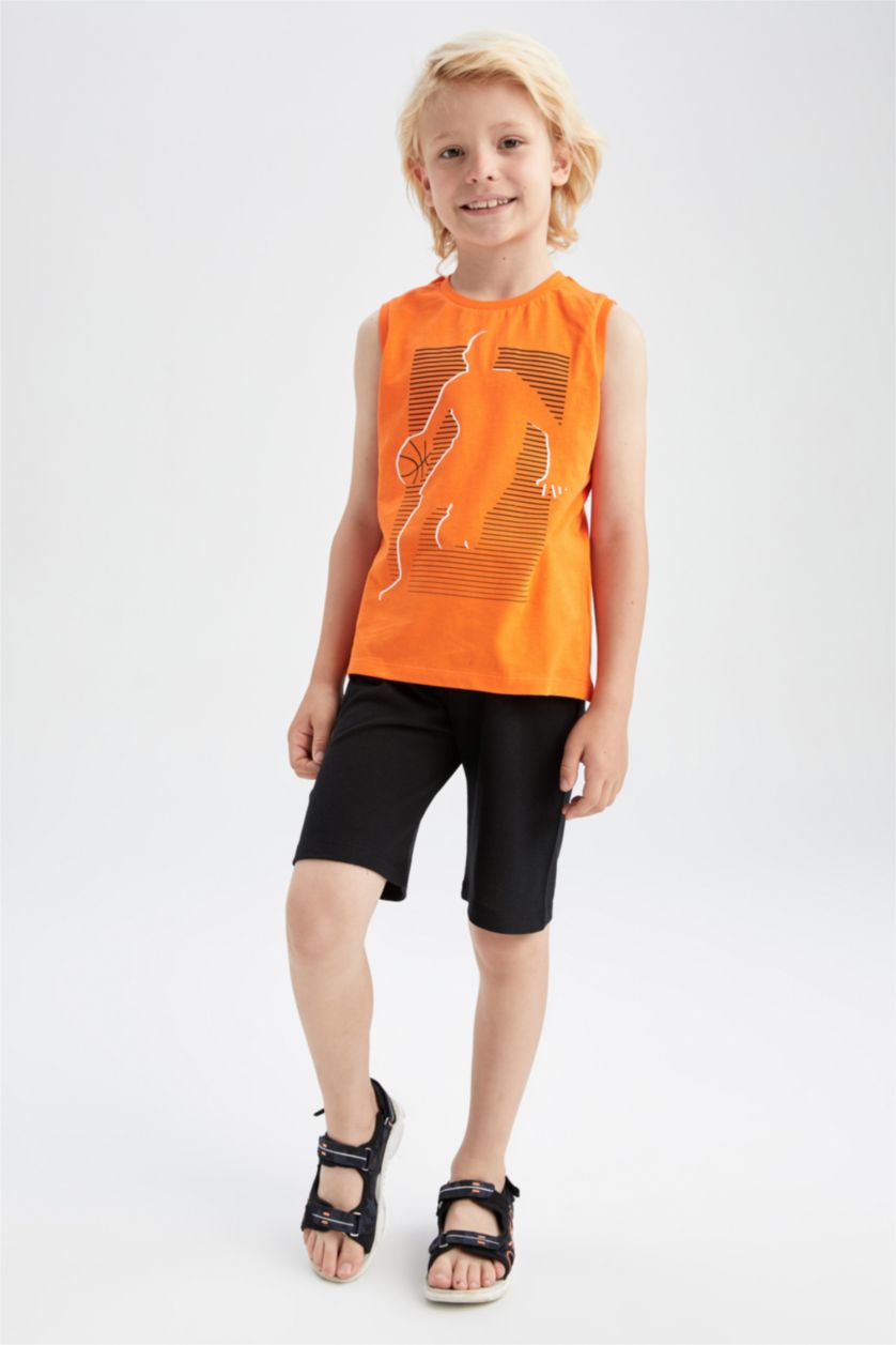 BOYS & TEENS Orange Boy Regular Fit Sleeveless Basketball Player Print Lounge Set