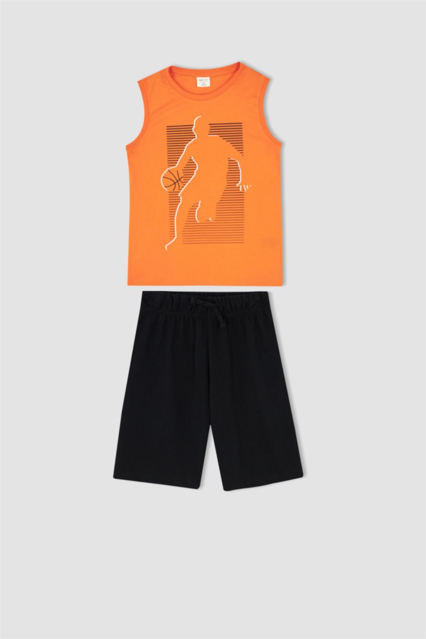 BOYS & TEENS Orange Boy Regular Fit Sleeveless Basketball Player Print Lounge Set