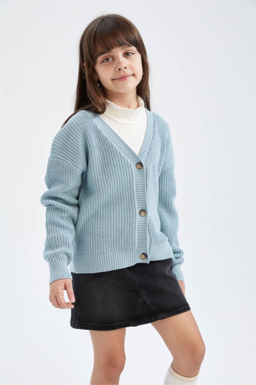 Girls & Teens Aqua Regular Fit V-Neck Cardigan
