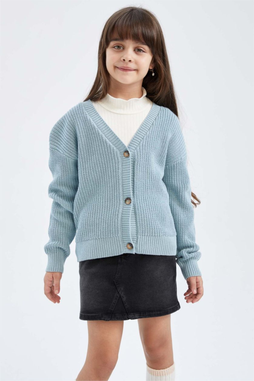 Girls & Teens Aqua Regular Fit V-Neck Cardigan