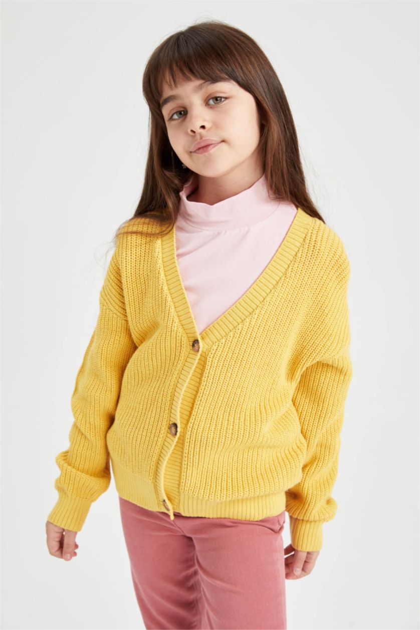 GIRLS & TEENS Yellow Regular Fit V-Neck Cardigan