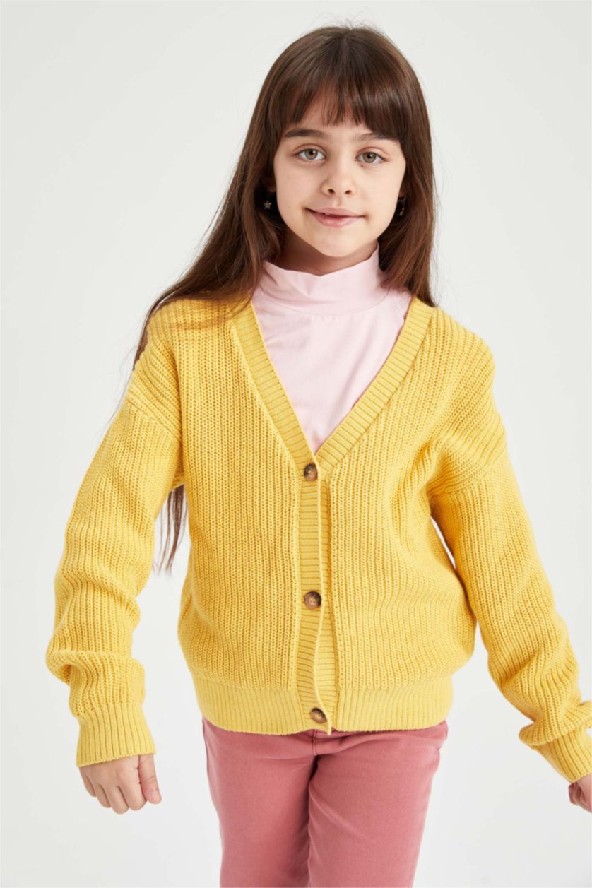 GIRLS & TEENS Yellow Regular Fit V-Neck Cardigan