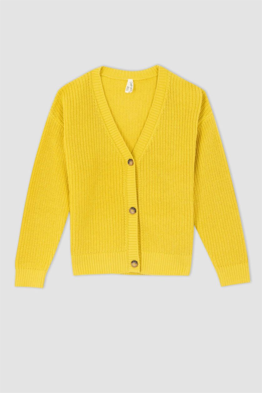 GIRLS & TEENS Yellow Regular Fit V-Neck Cardigan