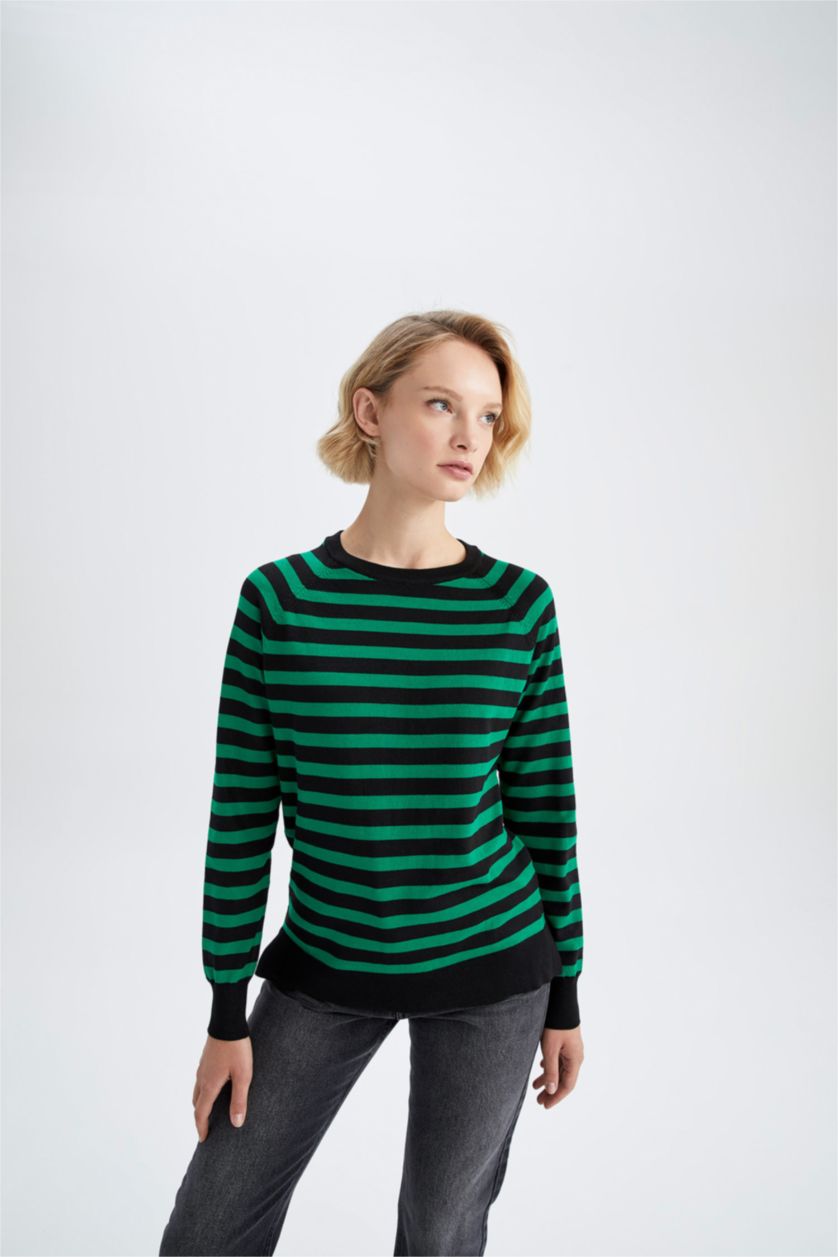 WOMAN Dark Green Regular Fit Crew Neck Pullover