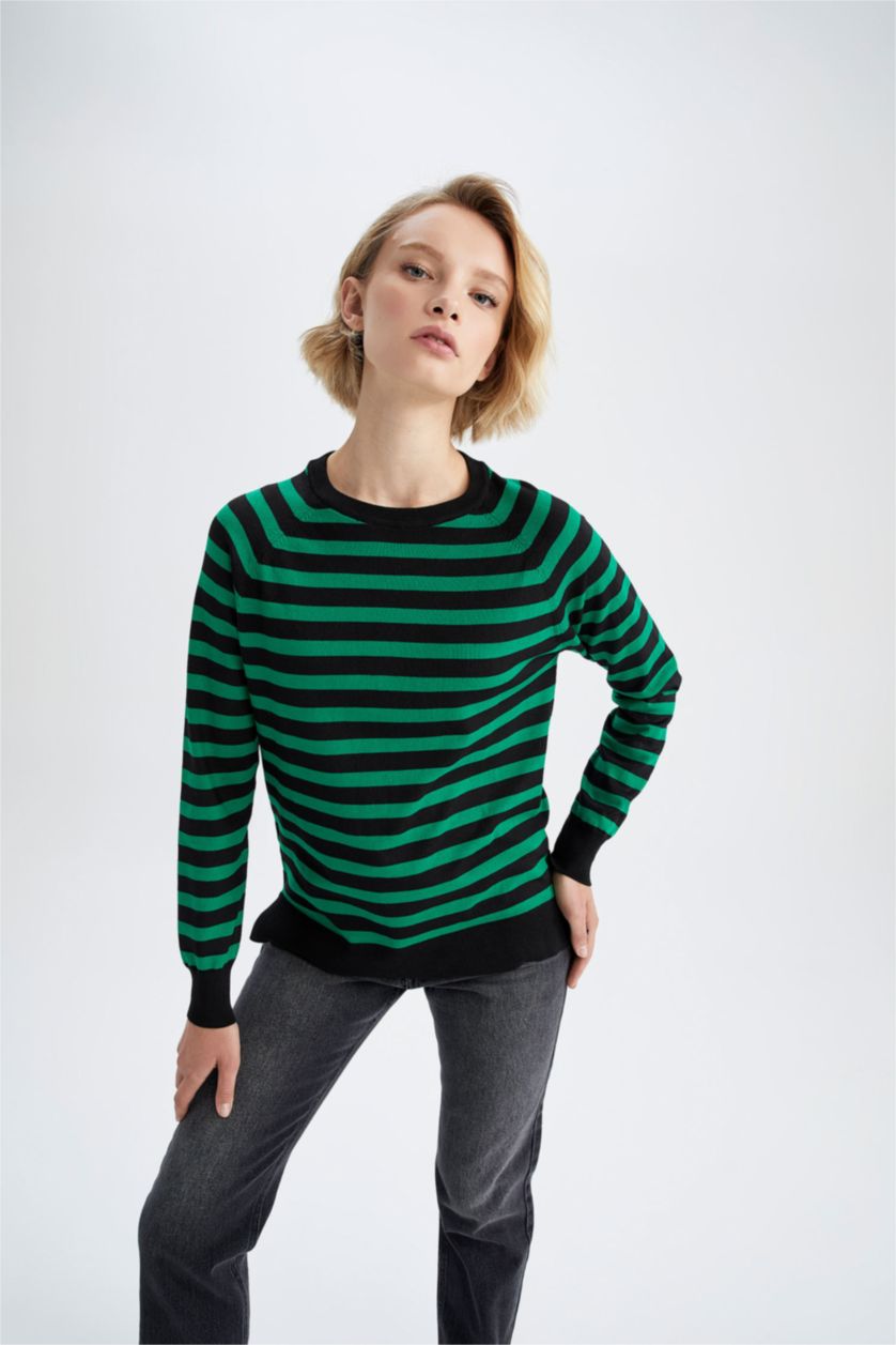 WOMAN Dark Green Regular Fit Crew Neck Pullover