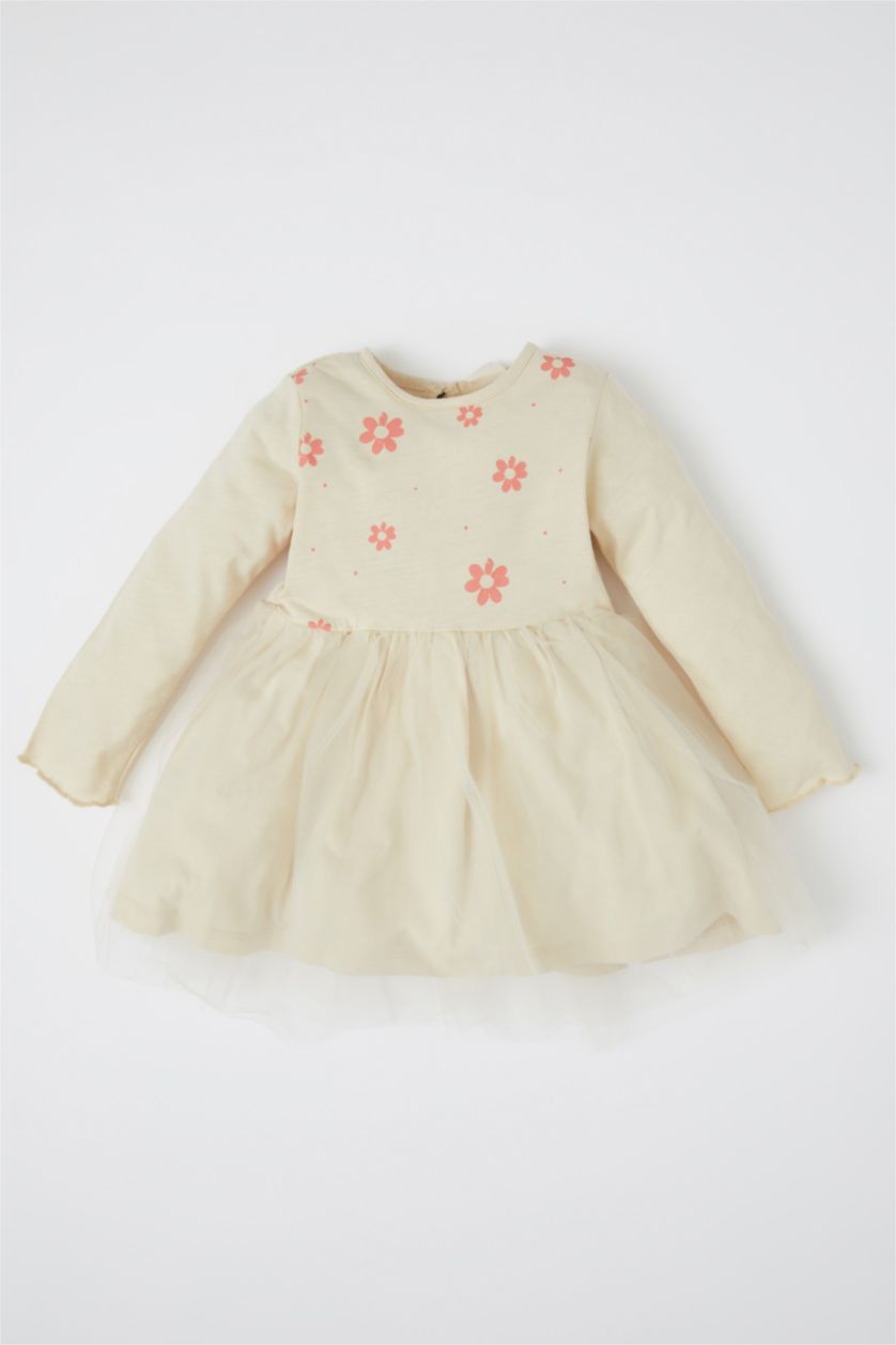 BÉBÉ FILLE Beige Robe en tulle à manches longues et imprimé floral à col rond pour bébé fille