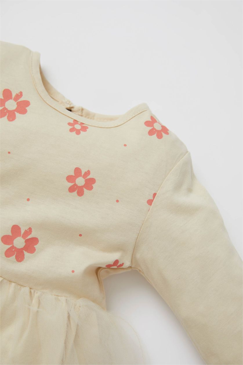 BÉBÉ FILLE Beige Robe en tulle à manches longues et imprimé floral à col rond pour bébé fille