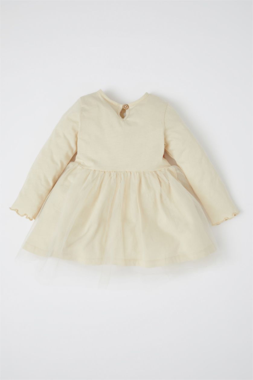 BÉBÉ FILLE Beige Robe en tulle à manches longues et imprimé floral à col rond pour bébé fille